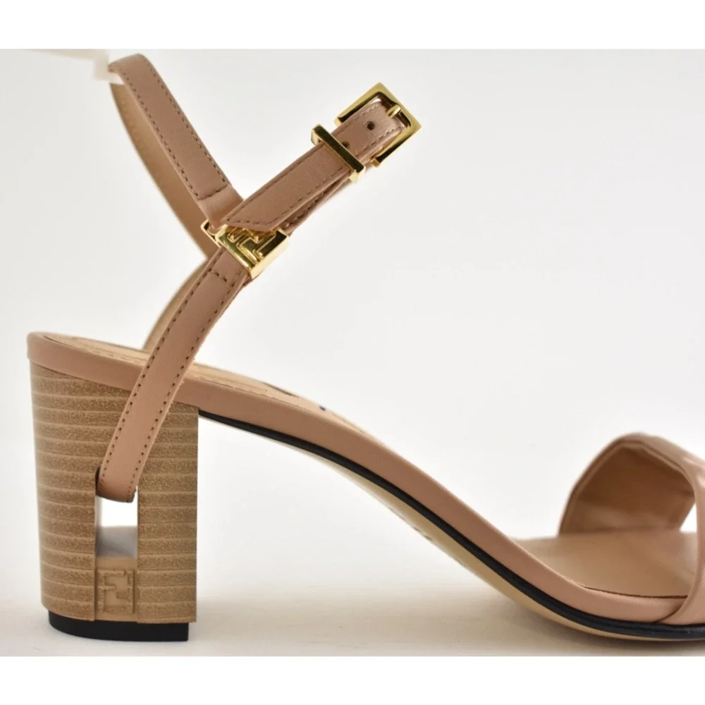 Fendi Delfina Sandal 65mm Dark Honey Beige Leather FF Logo Ankle Strap Heel 37.5